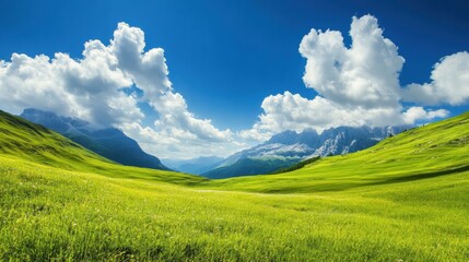 Poster - Vibrant green valley under a blue sky with fluffy clouds in the mountains during a sunny day. Generative AI