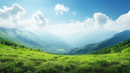 Fototapete - Rolling green hills under a bright blue sky with fluffy clouds in a peaceful valley during daytime. Generative AI