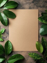 Fototapete - Blank craft paper surrounded by fresh greenery on a textured surface for creative projects and design inspiration. Generative AI