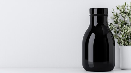 Wall Mural - Black bottle mockup, minimalist studio, plant background, product display