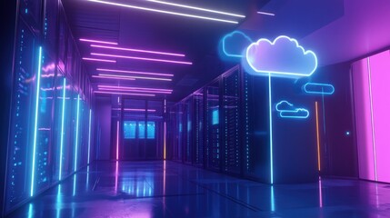 Poster - Neon Glow Cloud Server Room: Futuristic Data Center
