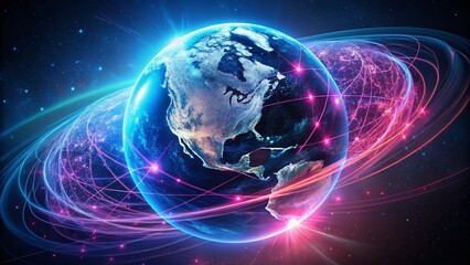 Poster - Global Connectivity: A vibrant abstract image showcasing Earth with a mesmerizing interplay of light trails representing the interconnectedness of our world.