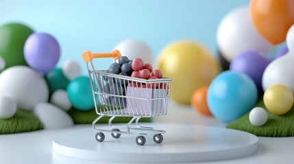 Wall Mural - Isometric shopping cart filled with grapes and violet spheres against a vibrant digital background  Showcasing a modern minimalist ecommerce or retail display concept through 3D and rendering