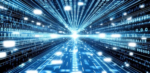 Fototapete - Futuristic Blue Digital Background with Lines of Floating Code