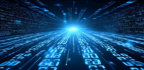 Fototapete - Dark Digital Background with Computer Code and Data Flowing Light