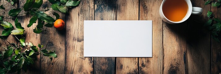Poster - Tea cup and blank card on wooden table surrounded by fresh leaves and fruit in a cozy setting. Generative AI