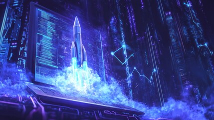 Digital rocket launching from laptop, cityscape background, startup concept