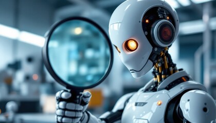 Poster - Advanced humanoid robot analyzing with magnifying glass in futuristic laboratory