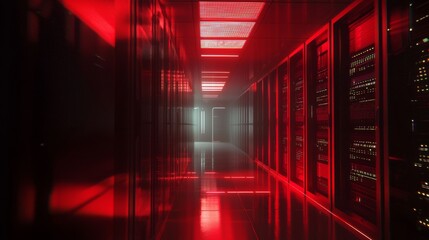 Poster - Cinematic Shot of Data Center Corridor with Red Lighting Effects