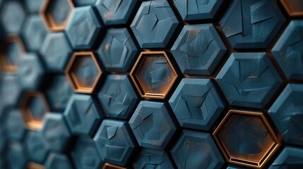 Poster - Blue and gold hexagonal pattern with textured surface close-up