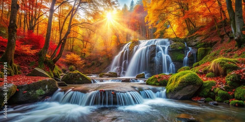 Panoramic Autumn Waterfall Landscape: Golden Leaves and Cascading Water ...