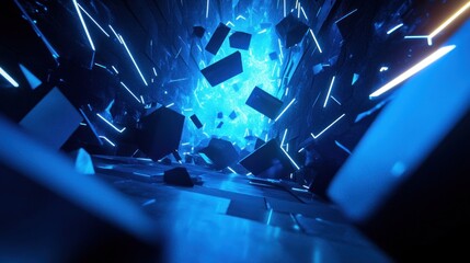 Poster - Abstract Neon Blue Fractured Cube Corridor