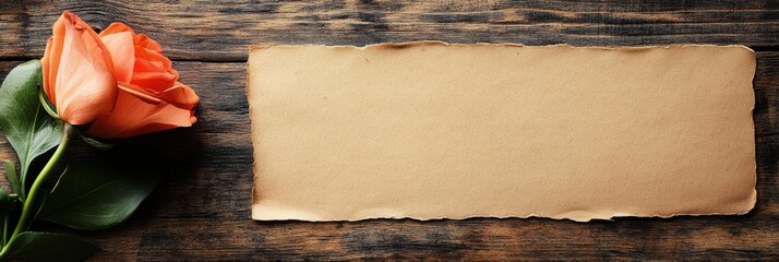 Poster - Elegant rose and plain paper on rustic wooden surface for heartfelt messages or notes. Generative AI
