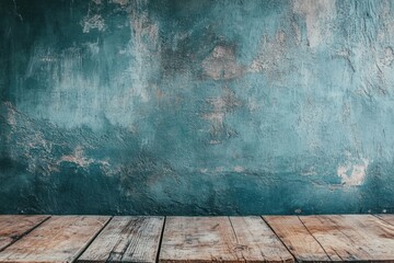 Poster - Rustic wooden table against an aged turquoise wall in a stylish indoor setting perfect for showcasing decor ideas. Generative AI