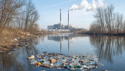 Wall Mural - Polluted river with industrial pollution and plastic waste.