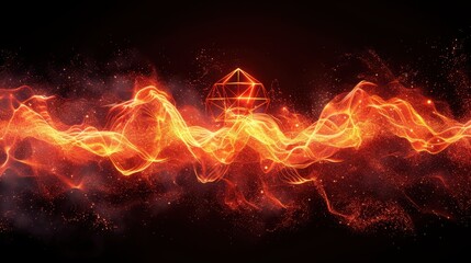 Poster - Glowing geometric shape with dynamic fiery light waves in abstract digital art