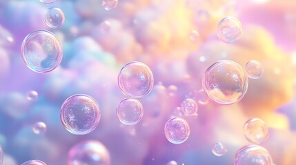 Poster - Bubbles Floating in a Colorful Background Create a Whimsical and Dreamy Atmosphere During a Warm Afternoon