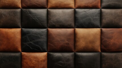 Poster - Textured Leather Wall Panels in Rich Earthy Tones, Featuring a Varied Arrangement of Dark Brown, Light Brown, and Black Leather Tiles for Interior Design Projects