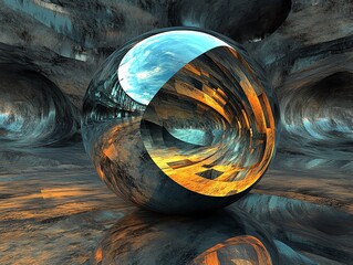 Poster - Reflective Orb in a Textured Cavern With Swirling Colors and Dynamic Light