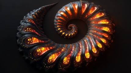 Poster - Spiraling Shell With Glowing Lava-Like Texture Showcases Intricate Details and Vibrant Colors in a Dark Background