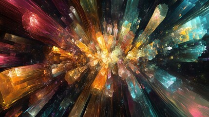 Poster - Colorful Crystal Formations Burst With Radiant Light in a Dynamic Explosion of Hues and Textures