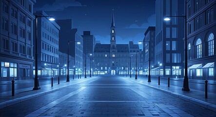 Poster - City square bathed in blue streetlight with calm empty roads illustration