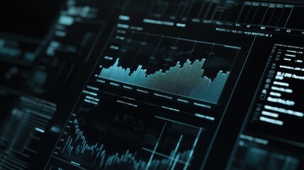 Poster - Digital Data Streams: Teal Illuminated Financial Charts on Dark Screen