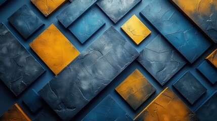 Poster - Abstract geometric pattern with blue and yellow rectangles on textured surface