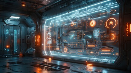Futuristic sci-fi spaceship corridor with neon blue and orange interface display