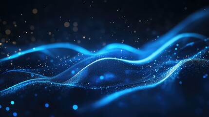 Poster - Abstract representation of blue waves with sparkling particles creating a mesmerizing and ethereal atmosphere in a digital landscape suitable for creative designs