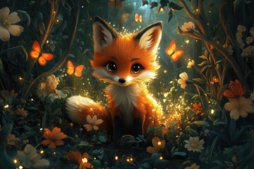 Adorable Fox Amidst Enchanted Forest Flowers