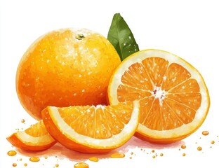Poster - Juicy oranges, whole and sliced, with leaf, isolated on white.