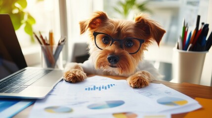 Poster - Adorable Puppy Business Analyst Reviewing Financial Charts