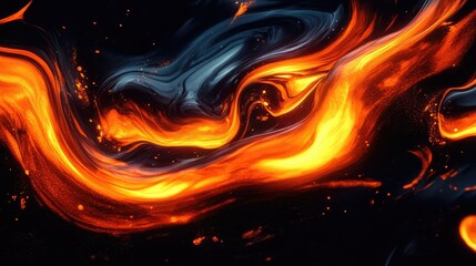 Poster - Abstract fluid art with vibrant orange and black swirls, creating a mesmerizing visual experience resembling molten lava or fiery waves in motion