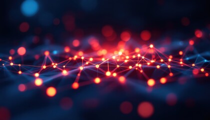 Poster - glowing red and blue abstract network with connected dots