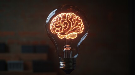 Poster - Creative Light Bulb with Glowing Brain Inside Symbolizing Innovative Ideas and Inspiration in a Dark Environment