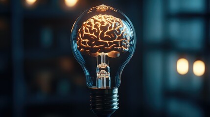 Poster - Innovative Light Bulb Design Featuring Brain as the Illuminating Element, Symbolizing Intelligence, Creativity, and Knowledge in a Modern Setting