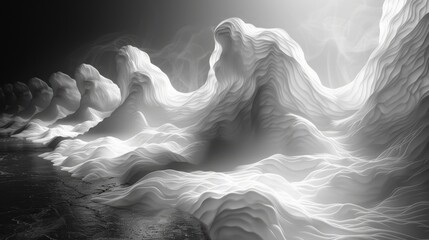 Poster - abstract wave-like formations in monochrome lighting and smoky atmosphere