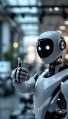 Poster - Futuristic robot with blue eyes giving thumbs up in modern office setting