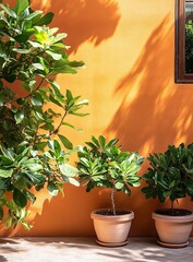 Wall Mural - Sunlit potted plants against a vibrant orange wall.