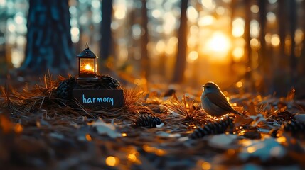 Wall Mural - A small bird is sitting on the ground next to a lantern that says harmony