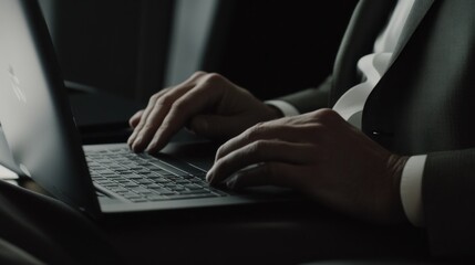 Poster - Businessman's Hands Typing on Laptop in Low Light