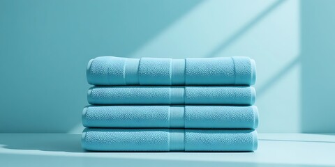 A stack of neatly folded light blue towels