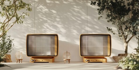 Poster - Two vintage televisions in a sunlit, plant-filled room.