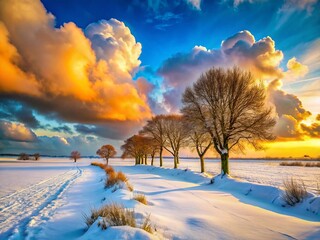 Wall Mural - Winter Sunset Landscape: A picturesque winter scene unfolds, showcasing a snow-covered field, a line of bare trees silhouetted against a vibrant sunset, and dramatic clouds ablaze with golden hues. 