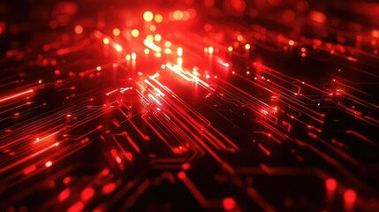 Poster - Abstract digital background featuring glowing red lines and vibrant particles, creating a sense of depth and movement in a futuristic technological landscape