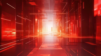 Poster - Abstract digital corridor with glowing red light beams illuminating a futuristic space, featuring a sleek and modern design that captivates the viewer's imagination