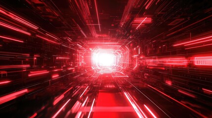 Poster - Futuristic Digital Tunnel with Red Light Beams and Abstract Lines Representing Technology, Speed, and Movement in a High-Tech Environment