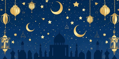 Aufkleber - Golden Lanterns and Crescents over a Night Cityscape.