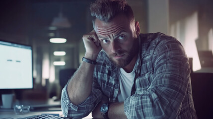 Stressed developer working late at computer setup, surrounded by multiple monitors and coffee cups, showcasing the challenges of modern tech work and mental pressure in a fast-paced digital environmen